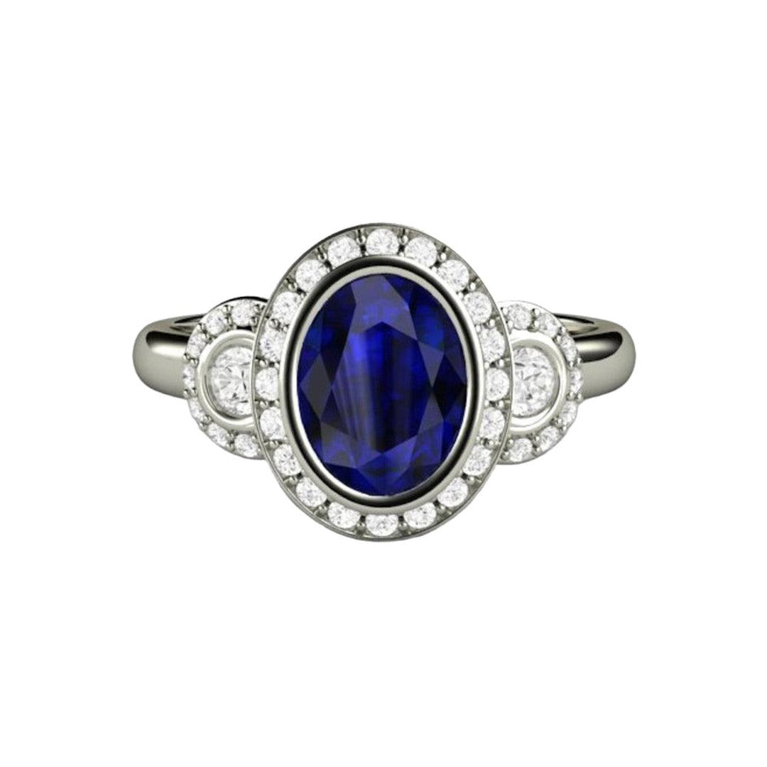 Antique Style Oval Blue Sapphire Engagement Ring, Bezel Set Sapphire Ring with Diamond Halo