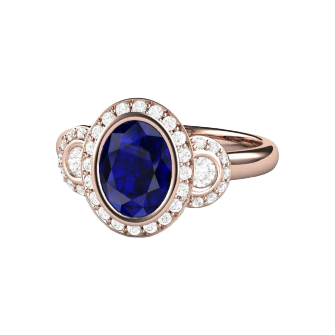 Art Deco Blue Sapphire Ring, Lab-Grown Sapphire Engagement Ring, 18K Rose Gold