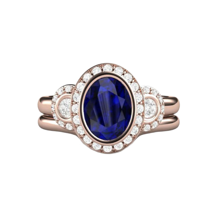 Art Deco Oval Blue Sapphire Engagement Ring and Wedding Band, Sapphire Bridal Set