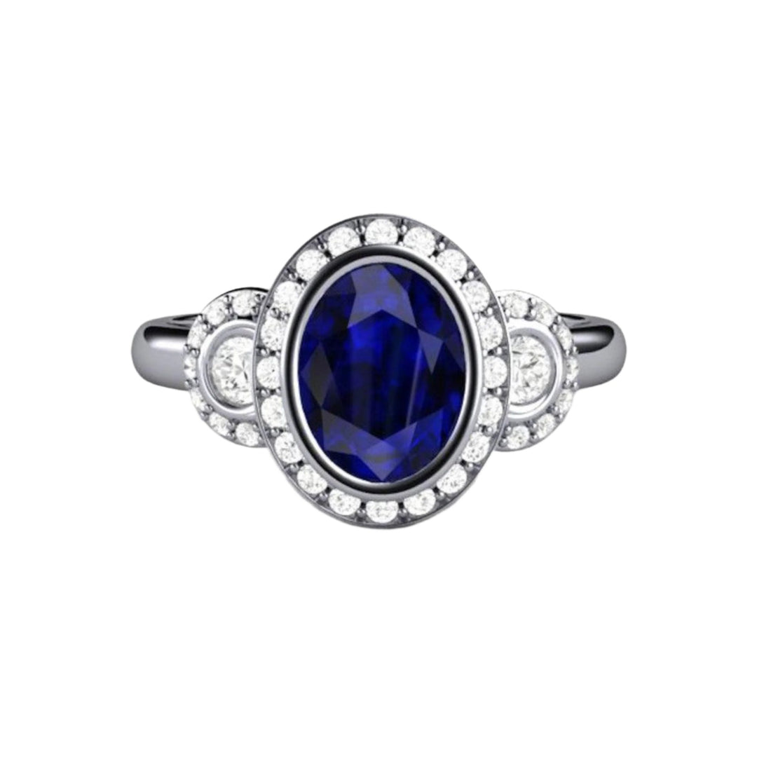 Oval Blue Sapphire Bezel Set Engagement Ring, Vintage Inspired Diamond Halo, Platinum