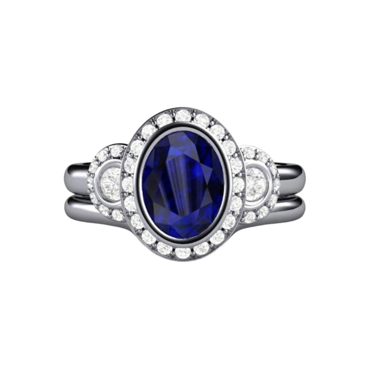 Oval Blue Sapphire Bezel Set Engagement Ring, Vintage Inspired Platinum Wedding Set