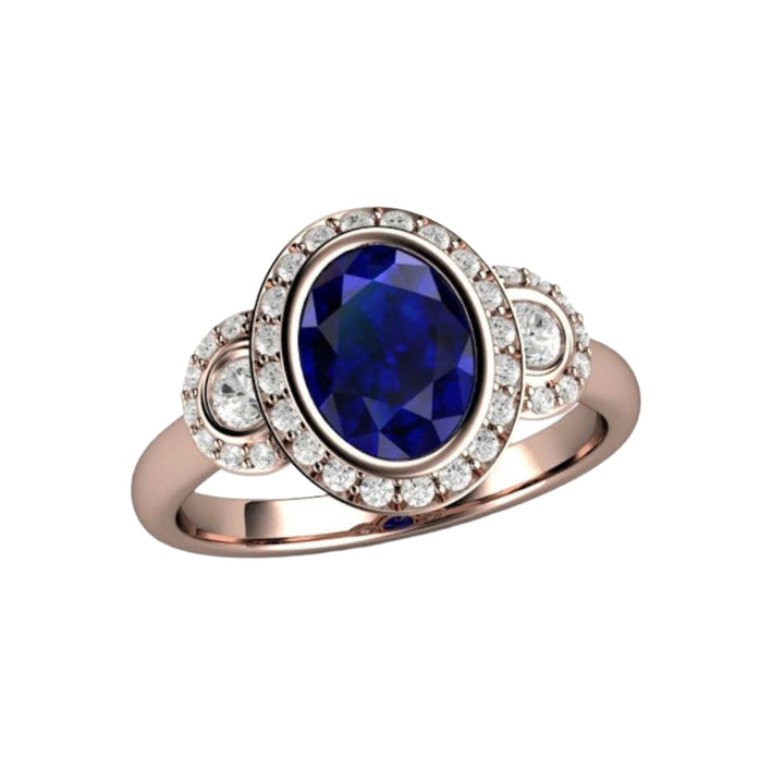 Art Deco Style Oval Blue Sapphire Engagement Ring, 3 Stone Style with Diamonds, Rose Gold