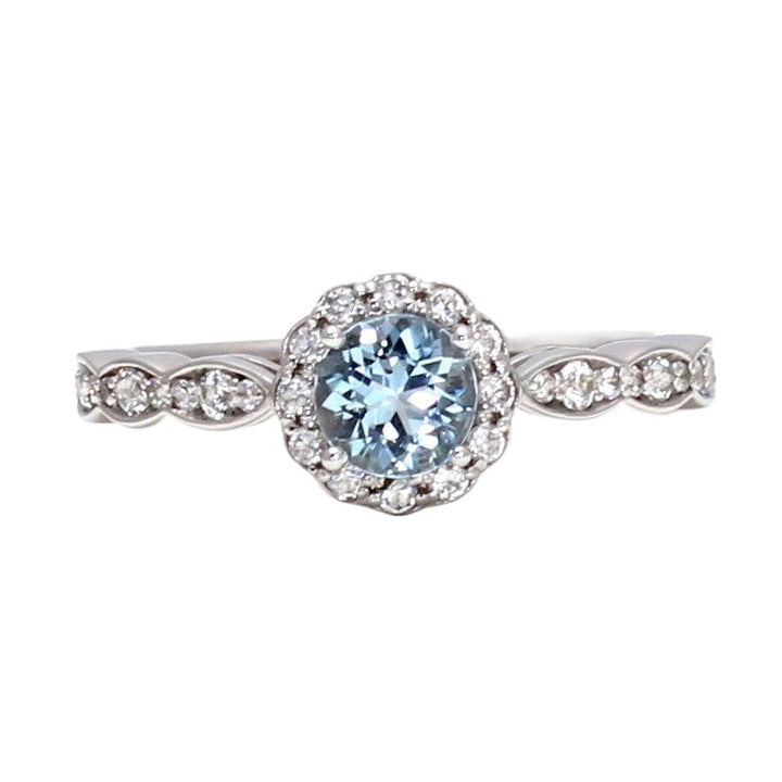 Aquamarine Ring Vintage Style Diamond Halo March Birthstone - Rare Earth Jewelry