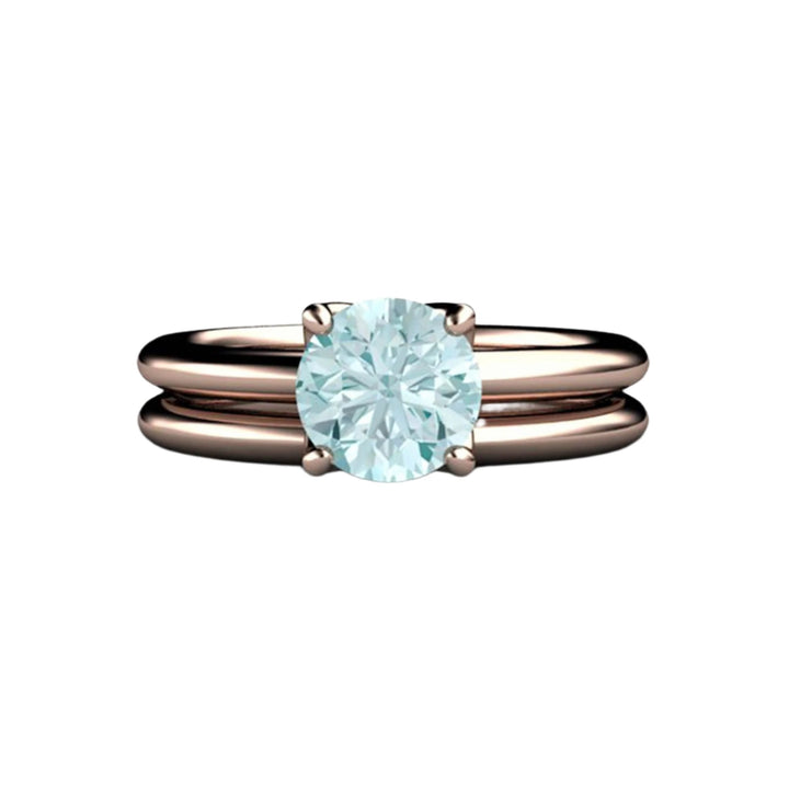 Petal Shaped Engagement Ring | Natural Aquamarine Solitaire - Bridal Set in 14K Rose Gold