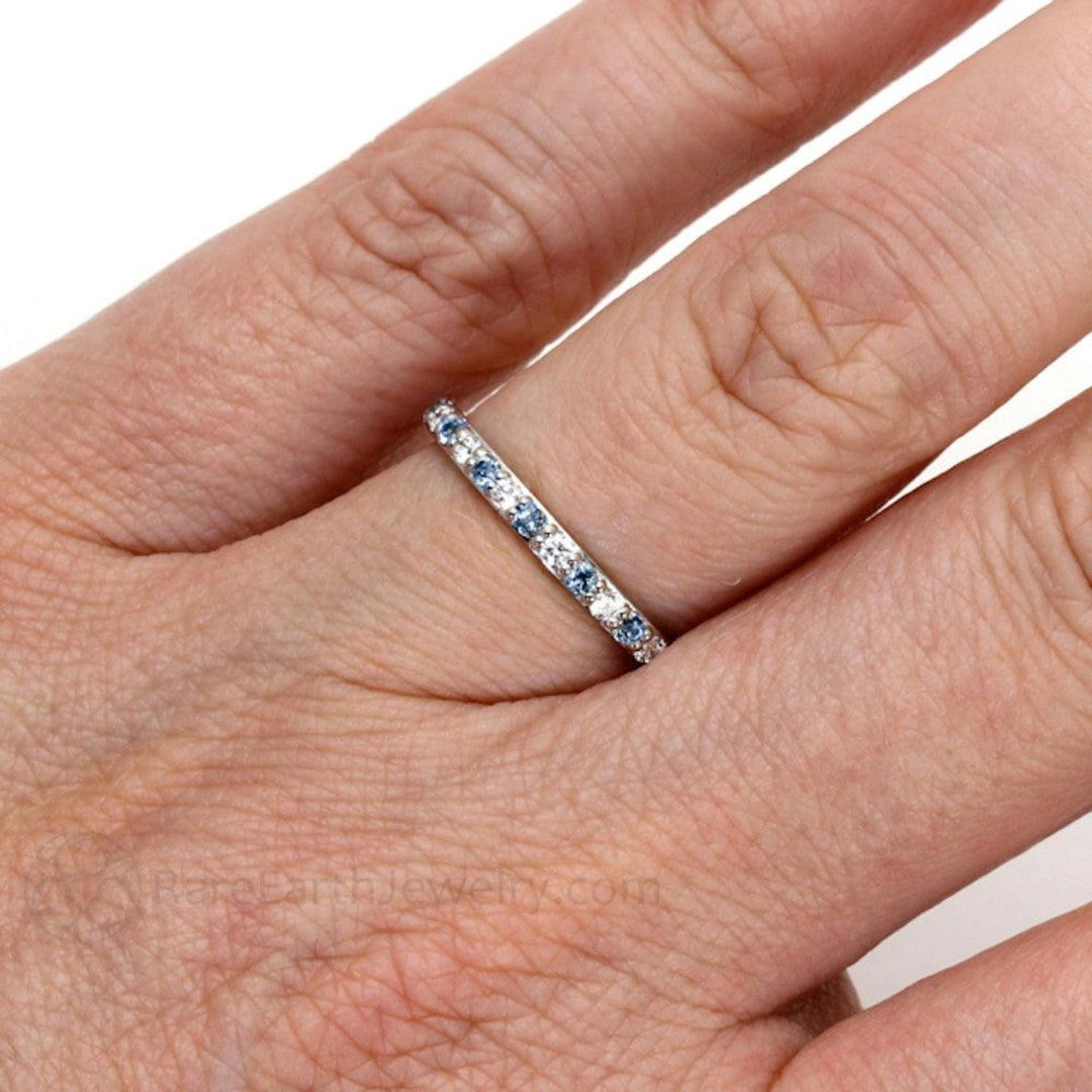 Aquamarine and Diamond Anniversary Band | March Birthstone Ring in Gold or Platinum shown on the Hand