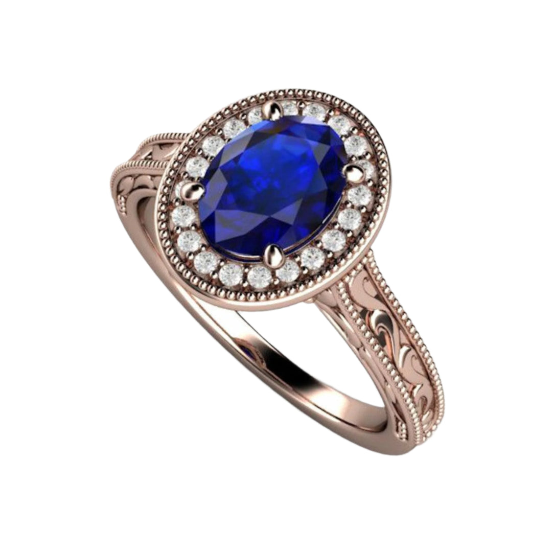 Oval Blue Sapphire Engagement Ring, Vintage Inspired Design, 14K Rose Gold