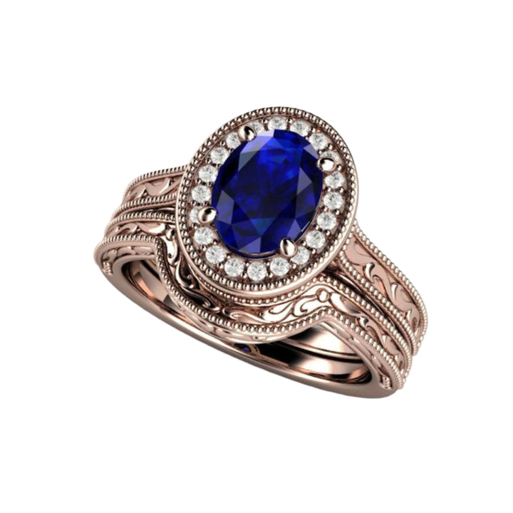 Oval Blue Sapphire Wedding Set, Vintage Inspired Design, 14K Rose Gold