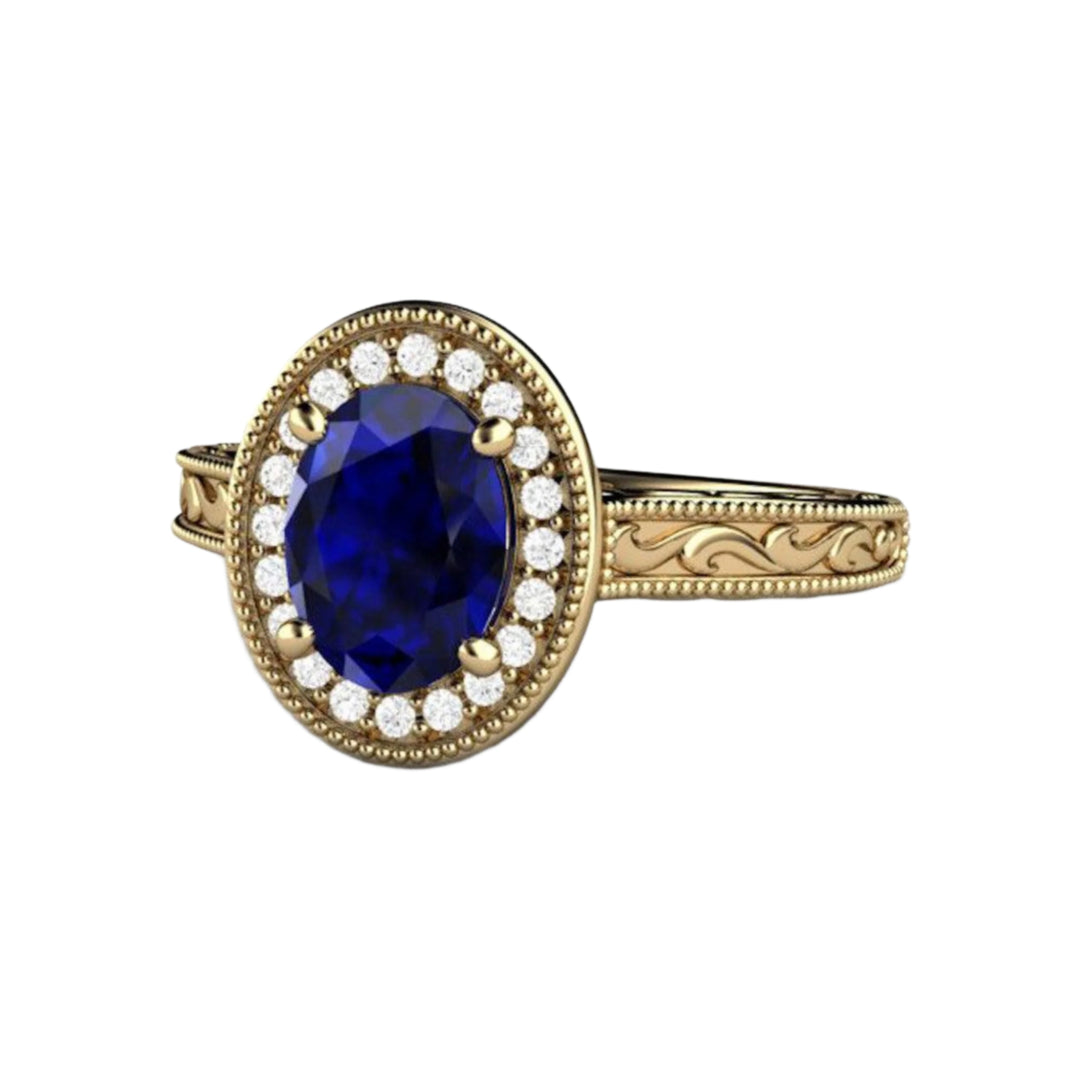 Art Deco Oval Blue Sapphire Engagement Ring, with Filigree and Milgrain, 14K Yellow Gold