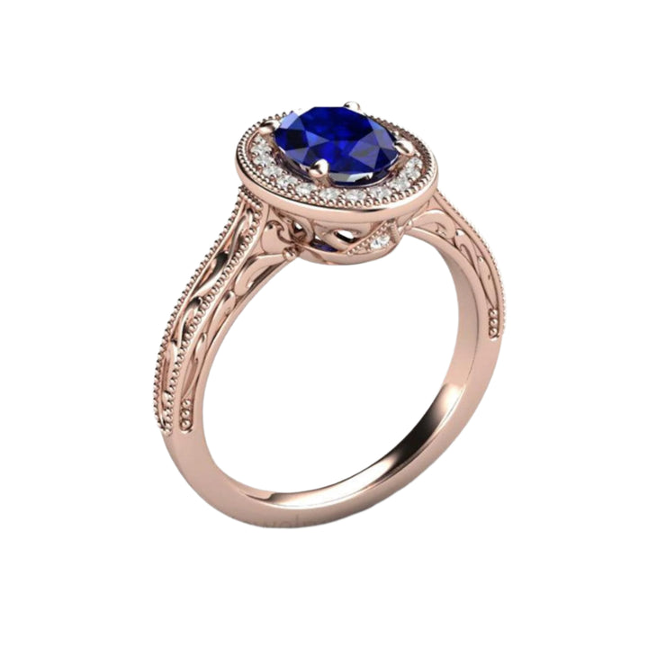 Art Deco Style Blue Sapphire Engagement Ring, Oval Sapphire Ring, 18K Rose Gold