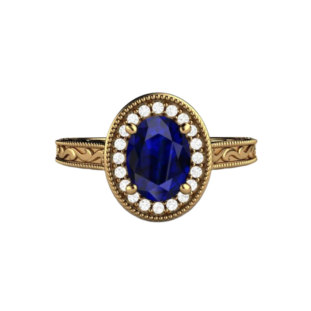 Blue Sapphire Oval Engagement Ring, Vintage Style Design, Diamond Accents, 18K Yellow Gold