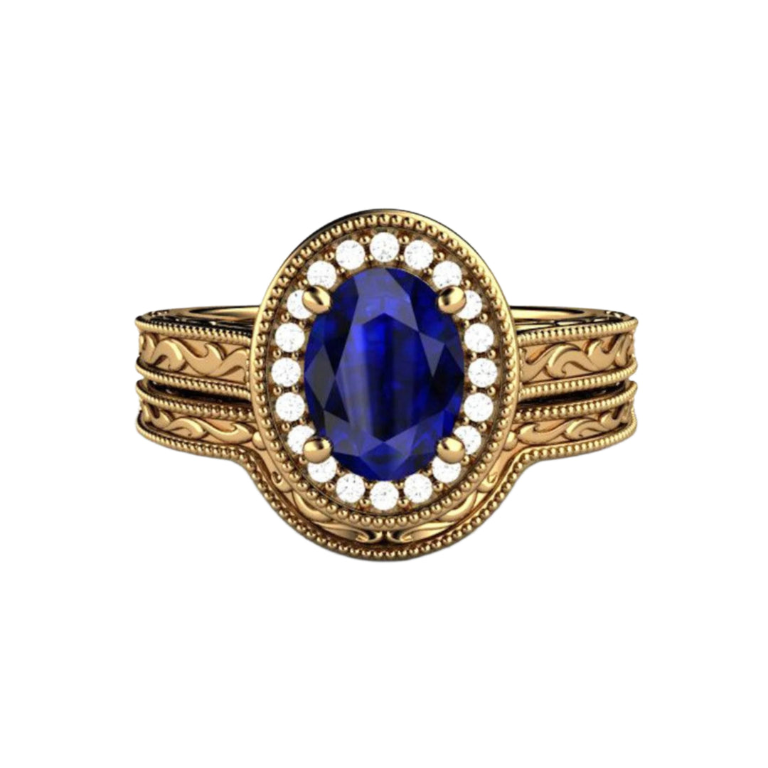 Antique Oval Sapphire Engagement Ring, 18K Yellow Gold, Lab Grown Oval Sapphire Bridal Set