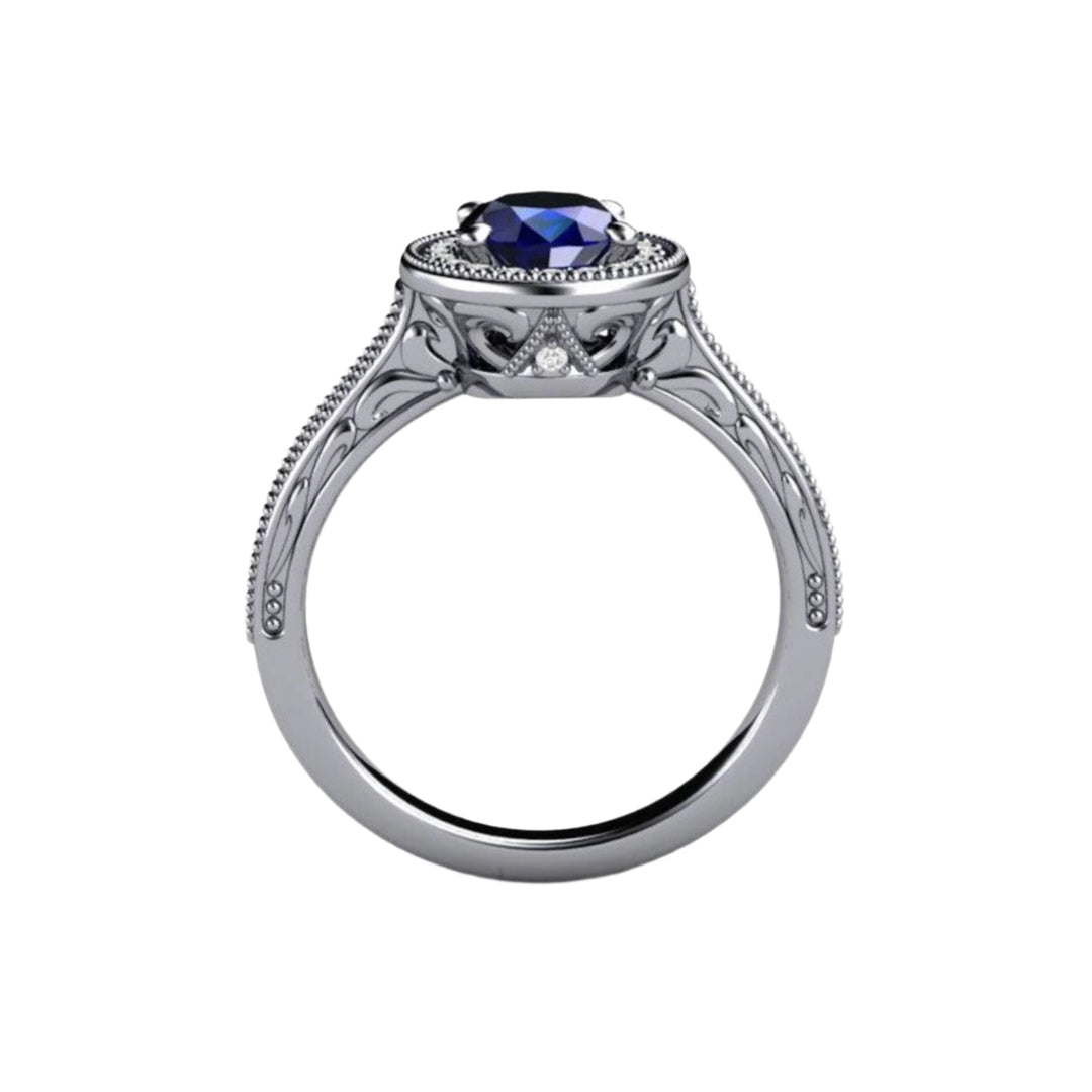 Art Deco Oval Blue Sapphire Engagement Ring with Diamonds, Filigree and Engraved Design, Platinum