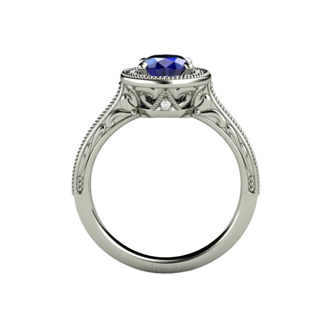 Antique Style Oval Blue Sapphire Engagement Ring Engraved with Filigree and Milgrain