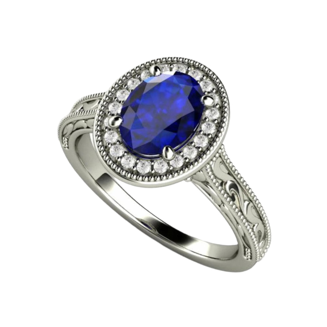 Oval Blue Sapphire Engagement Ring, Antique Art Deco Style with Diamond Halo, Filigree, Milgrain, Engraved Design