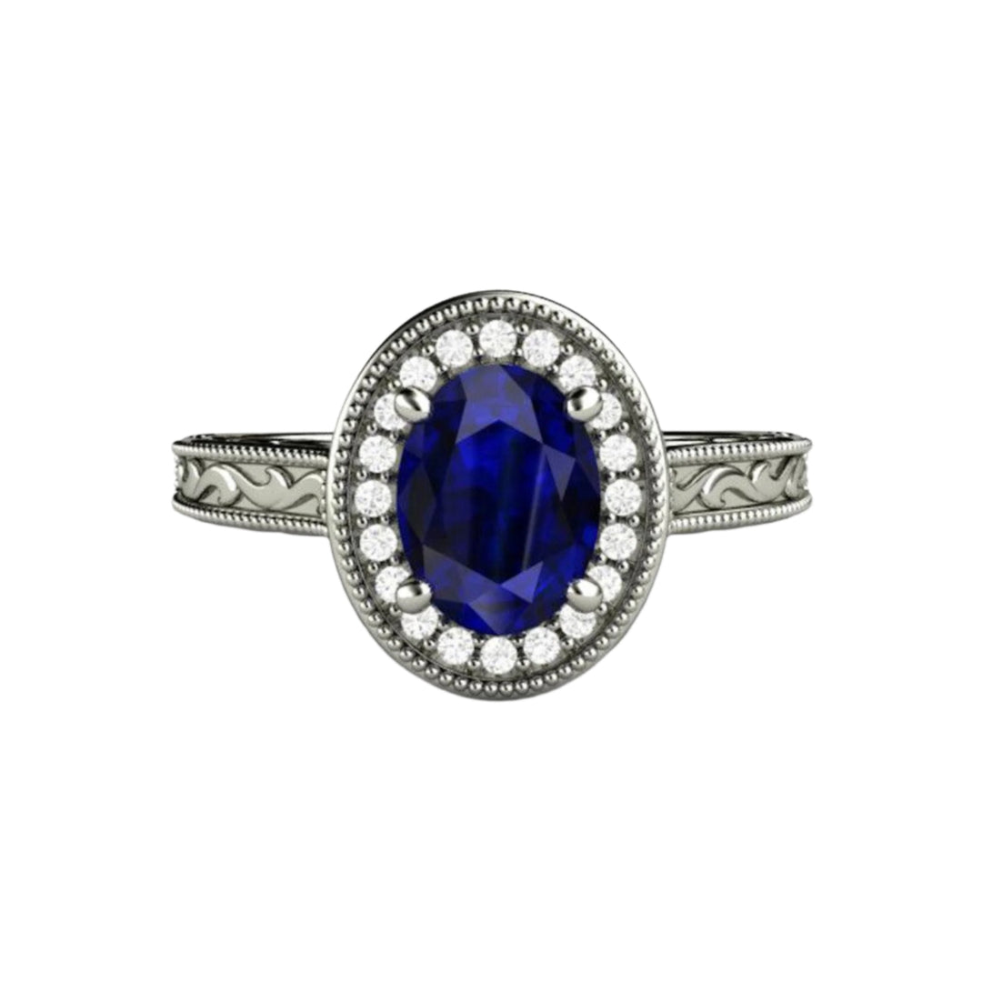 Art Deco Sapphire Engagement Ring, Vintage Style Halo Design with Filigree and Milgrain