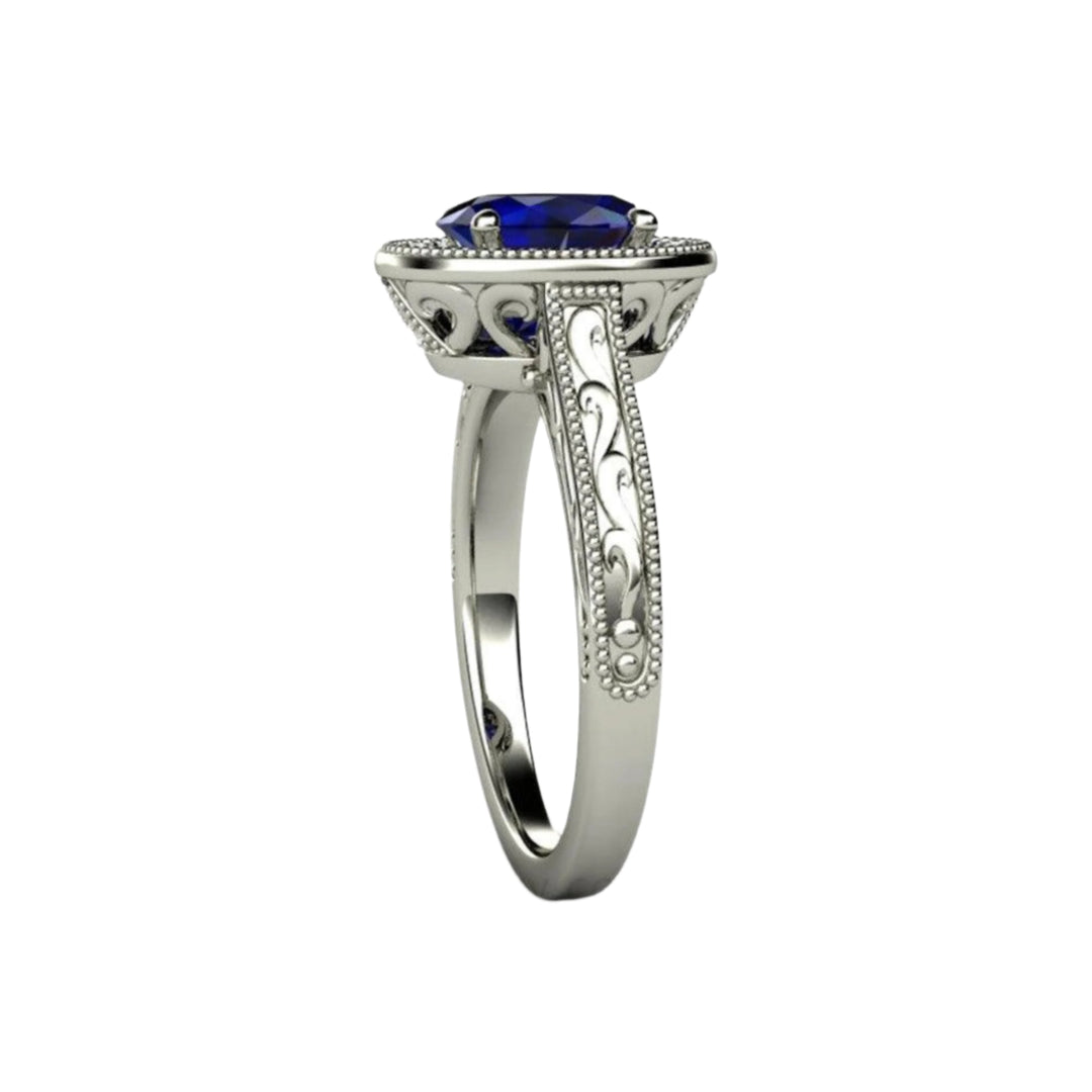 Art Deco Blue Sapphire Engagement Ring, Side View Showing Engraved Band