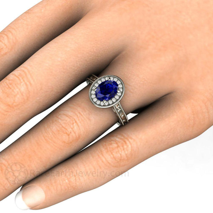 Art Deco Blue Sapphire Engagement Ring, Oval Sapphire Ring Diamond Halo, Shown on the Hand