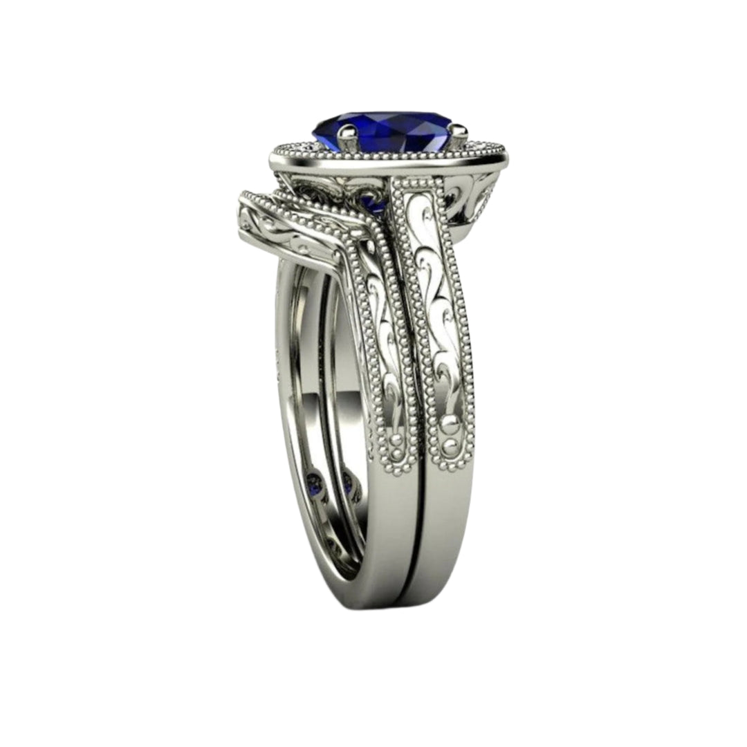 Oval Blue Sapphire Bridal Set with Antique Design, Diamond Accents, Side View