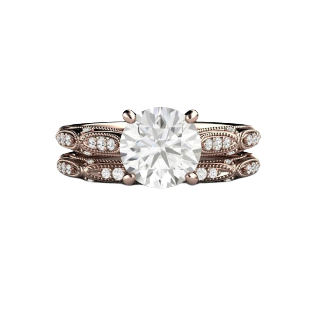 Art Deco Moissanite Engagement Ring, Vintage Style Moissanite Bridal Set, Rose Gold