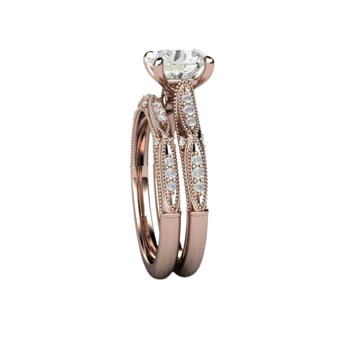 Art Deco Forever One Moissanite Wedding Set, Side View showing Milgrain and Accents