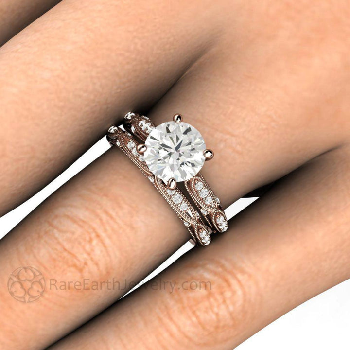 Art Deco Forever One Moissanite Wedding Set Close Up on the Finger, Hand Shot