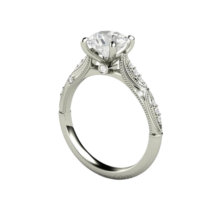 Vintage Inspired Engagement Ring, Forever One Colorless Moissanite Solitaire Ring, 14K or 18K White Gold