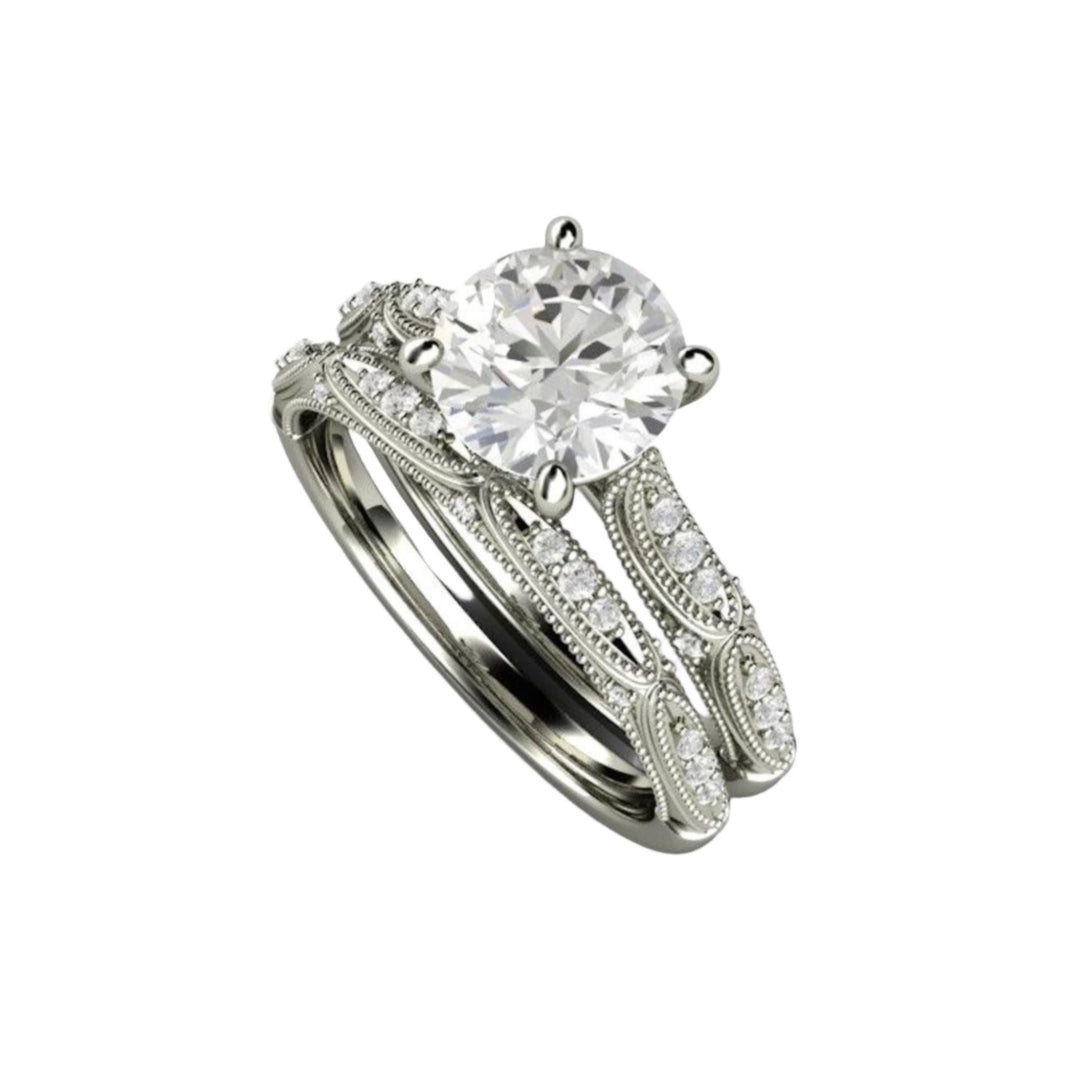 Art Deco Style Bridal Set, Lab Grown Diamond Alternative, Forever One Moissanite Solitaire Engagement Ring