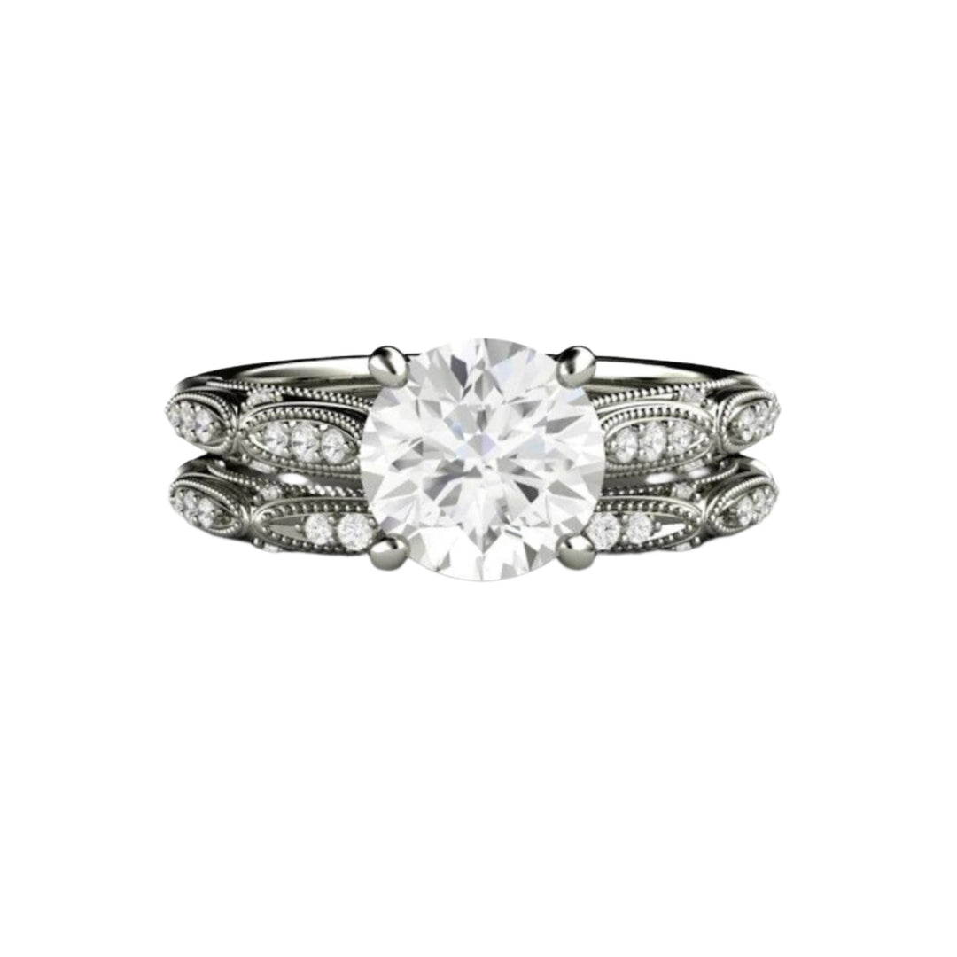 Vintage Style Moissanite Wedding Set, Art Deco Design Accented Solitaire with Milgrain, Platinum