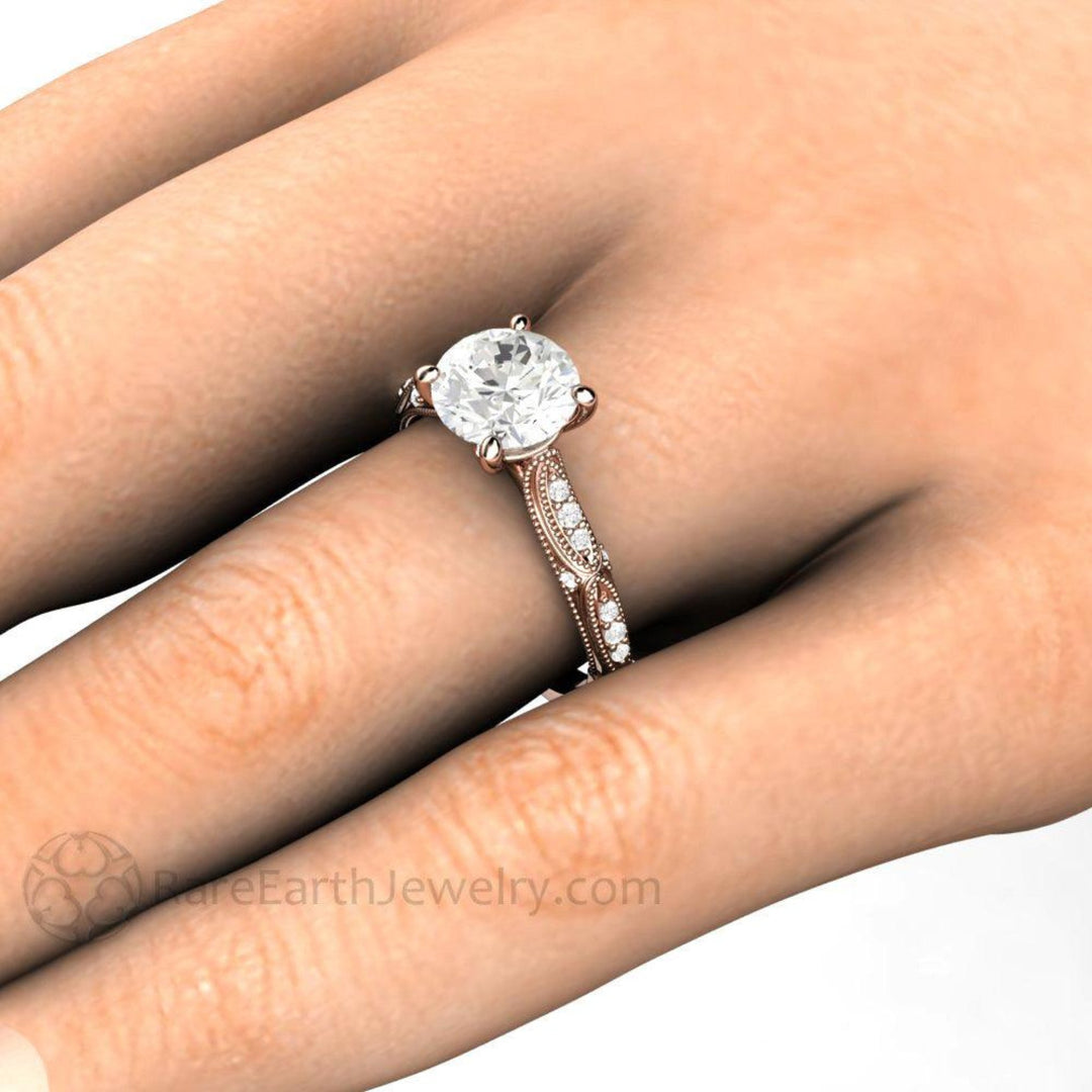 Art Deco Moissanite Engagement Ring, Vintage Style Moissanite Solitaire Ring on the Hand