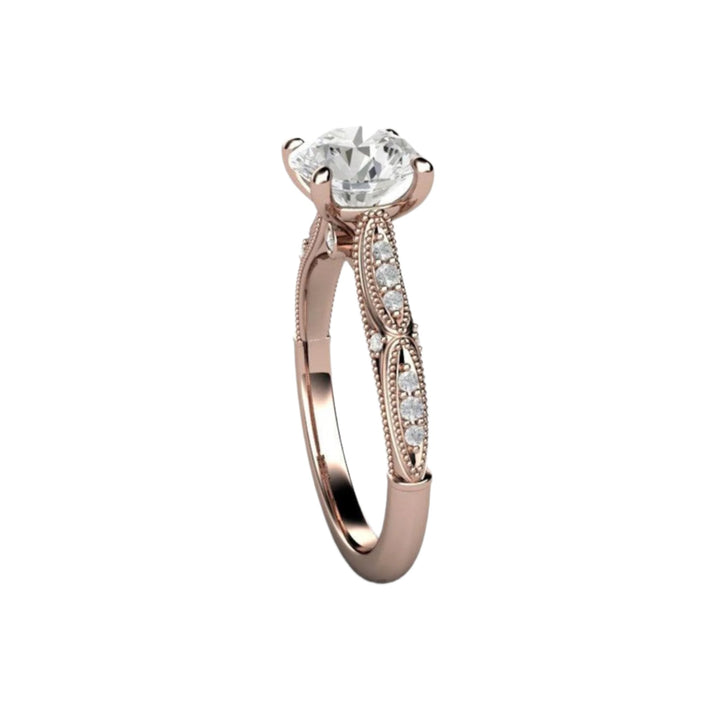 Art Deco Moissanite Engagement Ring with Diamonds and Milgrain, Vintage Forever One Solitaire, Side View