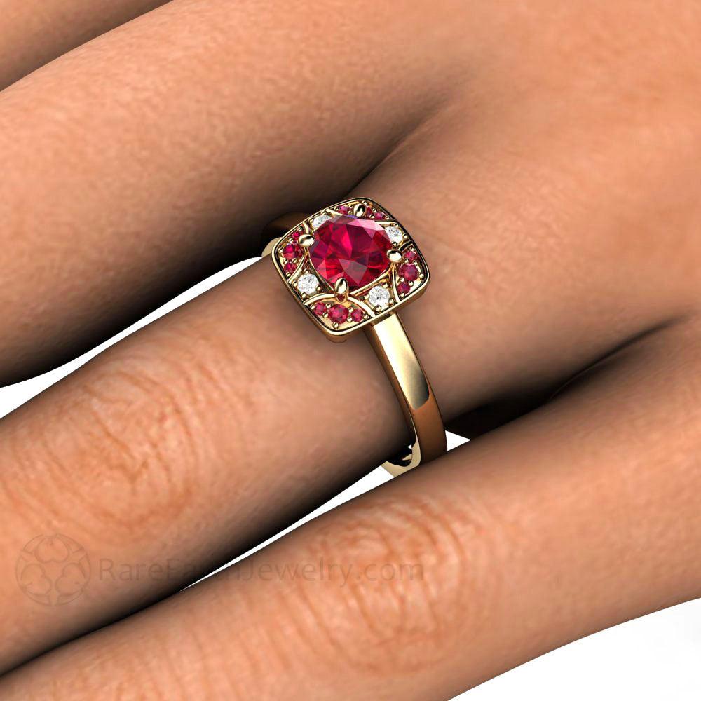 Natural Ruby Engagement Ring, Art Deco Design with Diamonds, on the Hand