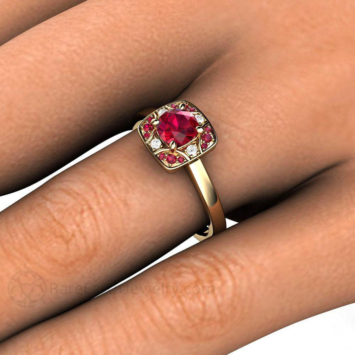 Natural Ruby Engagement Ring, Art Deco Design with Diamonds, on the Hand