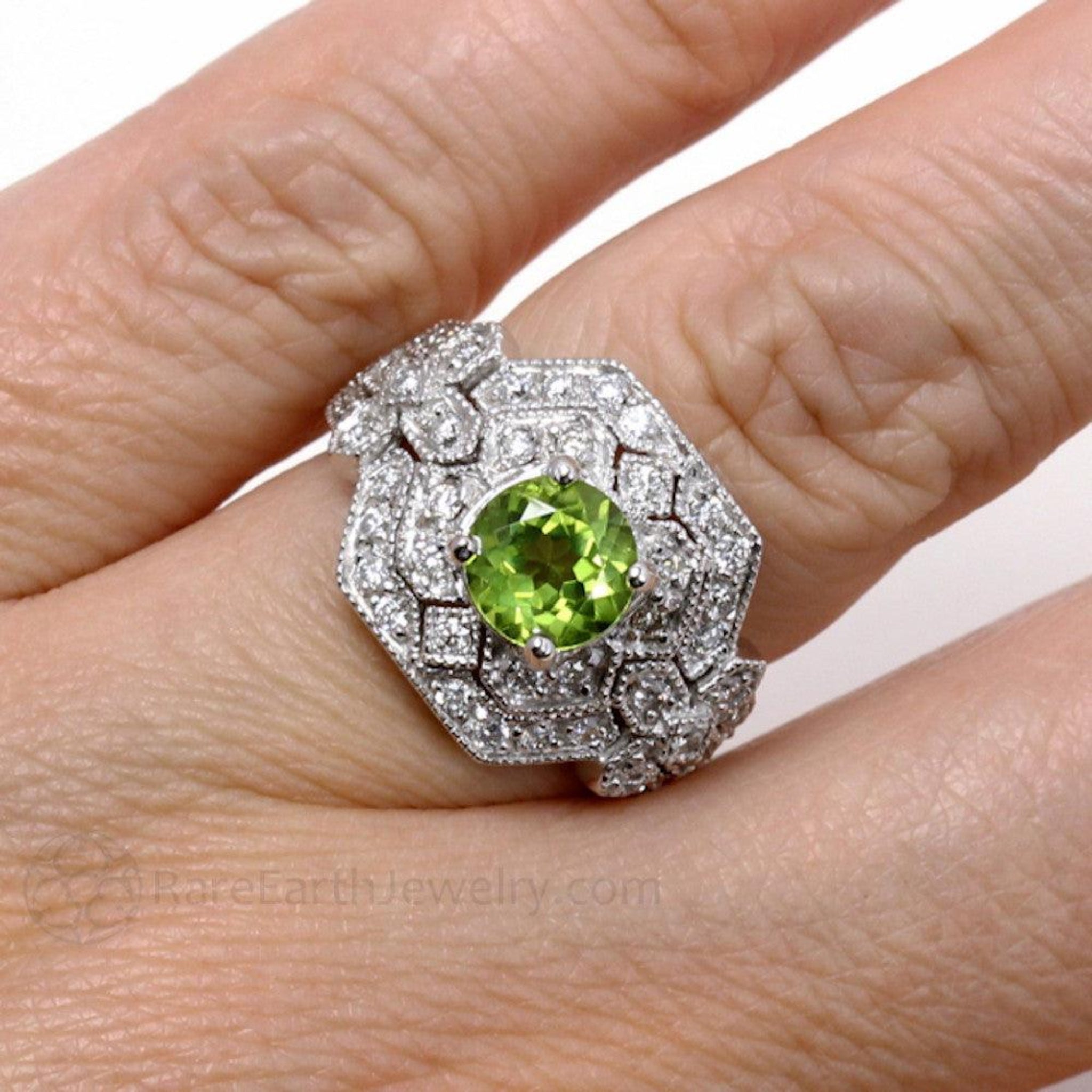 Art Deco Peridot Ring Vintage Style with Diamonds and Milgrain