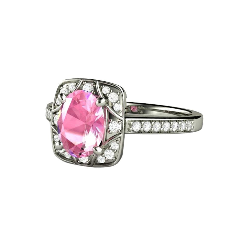 Oval Pink Sapphire Engagement Ring Antique Style Art Deco Geometric Design | Rare Earth Jewelry