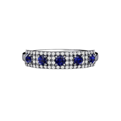 A unique Art Deco syle Blue Sapphire and Diamond band or wedding ring.  Round Blue Sapphires are surrounded with diamonds in a square shaped design in 14K, 18K or Platinum.  September birthstone.