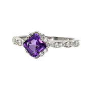 A vintage style Amethyst ring with diamond halo.  A feminine design with an asscher cut Natural Amethyst and a floral shaped halo and scalloped band in 14K, 18K Gold or Platinum from Rare Earth Jewelry.