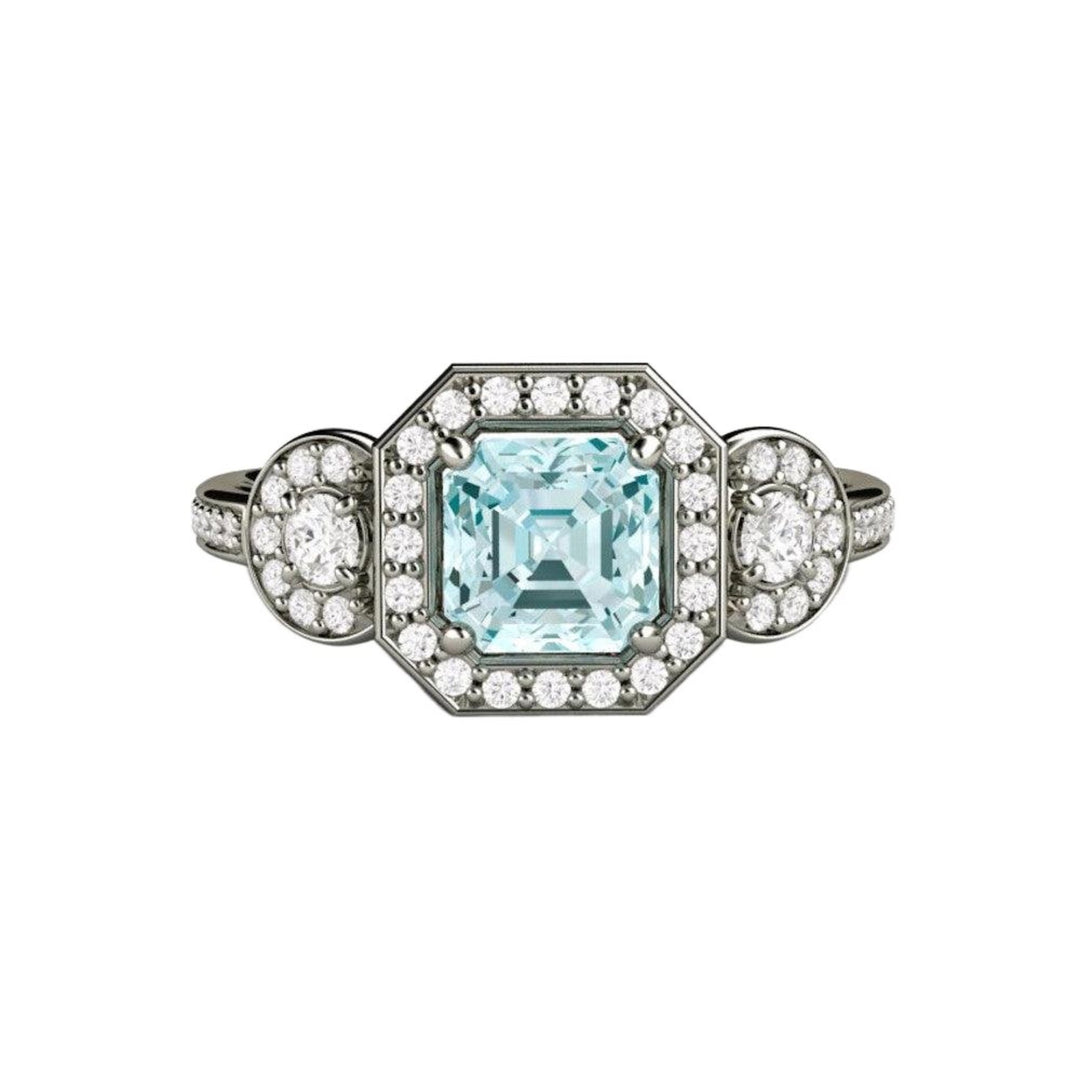 Asscher Aquamarine Engagement Ring 3 Stone Diamond Halo - Rare Earth Jewelry