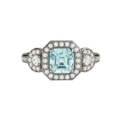An asscher cut natural Aquamarine engagement ring with a 3 stone diamond halo style in gold or platinum.  