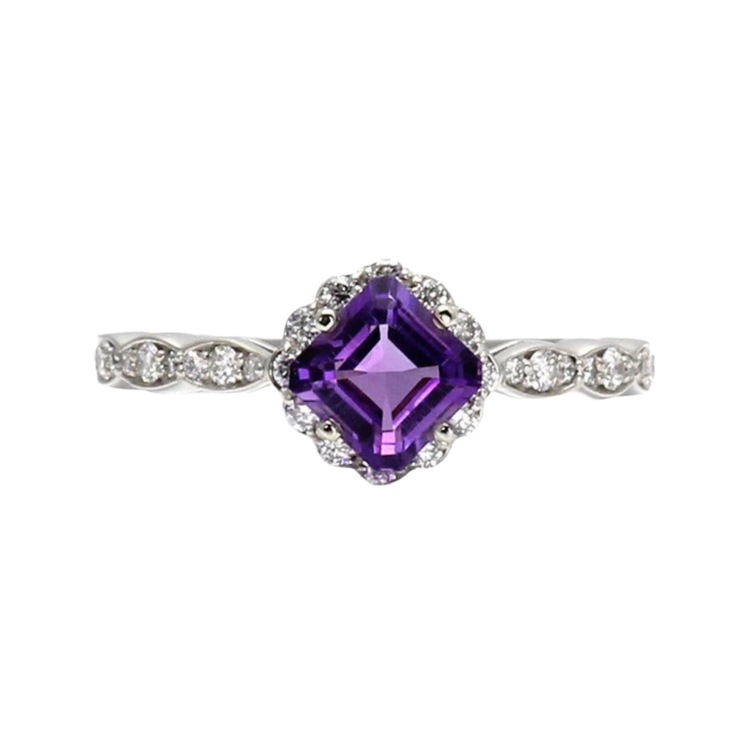 Asscher cut Amethyst Engagement Ring with A vintage style diamond halo design Asscher Cut Amethyst Engagement Ring | Diamond Halo February Birthstone in Gold or Platinum from Rare Earth Jewelry.