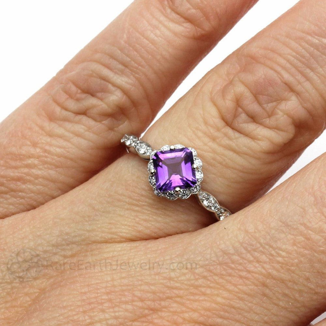 Asscher Cut Amethyst Engagement Ring shown on the finger | Diamond Halo February Birthstone in Gold or Platinum from Rare Earth Jewelry.