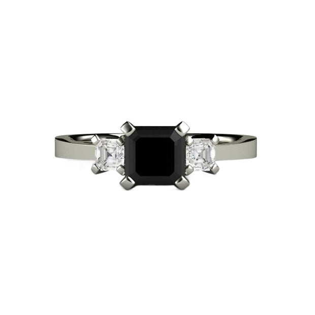 An asscher cut black diamond engagement ring in a three stone style with a modern, contemporary design in gold or platinum from Rare Earth Jewelry.