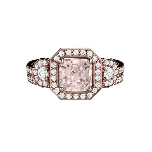 An asscher cut natural Morganite engagement ring in a 3 stone style with diamond halo design and matching diamond accented wedding band, bridal set in gold or platinum from Rare Earth Jewelry.