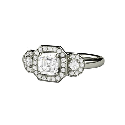 White Sapphire halo engagement ring in a 3 stone style with an asscher cut white sapphire, an affordable diamond alternative.
