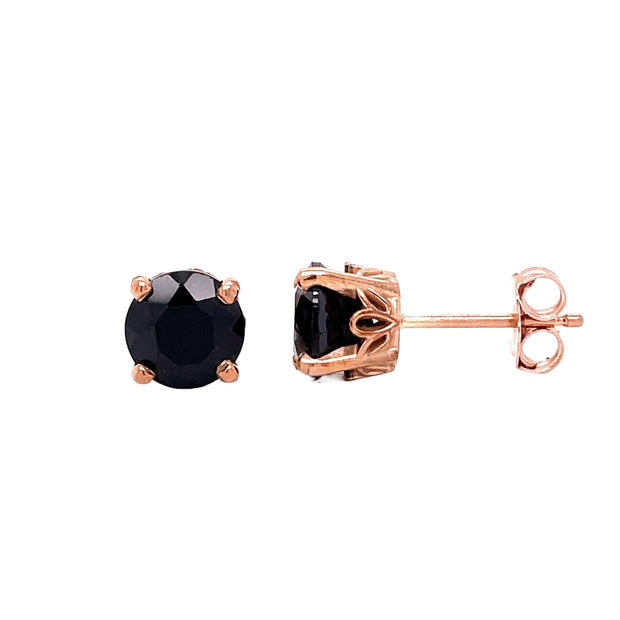 A pair of Black Spinel Stud Earrings in 14K Gold Filigree Settings.  Round jet black gemstone earrings in rose gold.