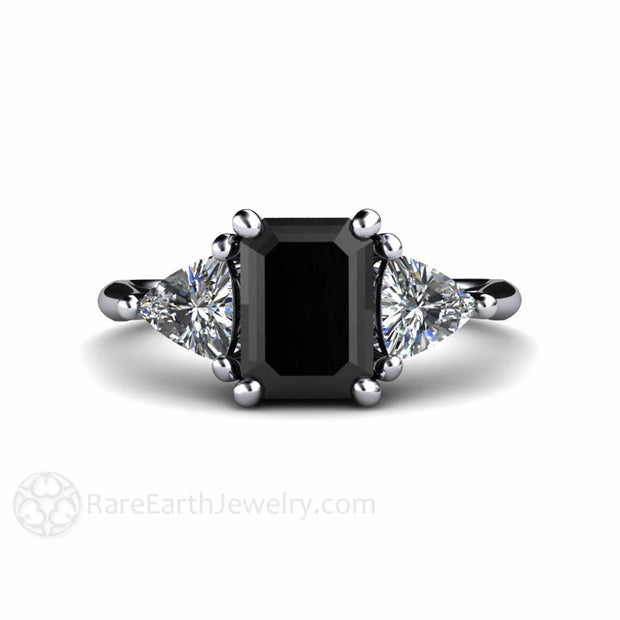 Emerald cut natural black diamond engagement ring 3 stone style in Platinum from Rare Earth Jewelry