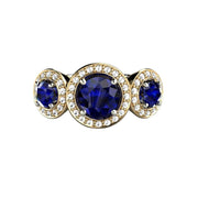 3 Stone Round Blue Sapphire Engagement Ring with Diamond Halo 14K Yellow Gold from Rare Earth Jewelry