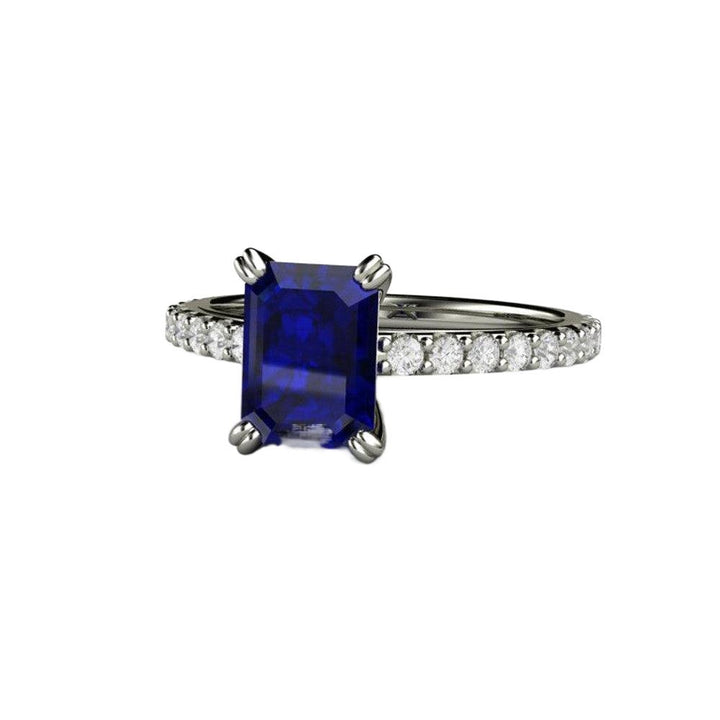 Blue Sapphire Engagement Ring Emerald Cut Solitaire Diamond Accented - Rare Earth Jewelry