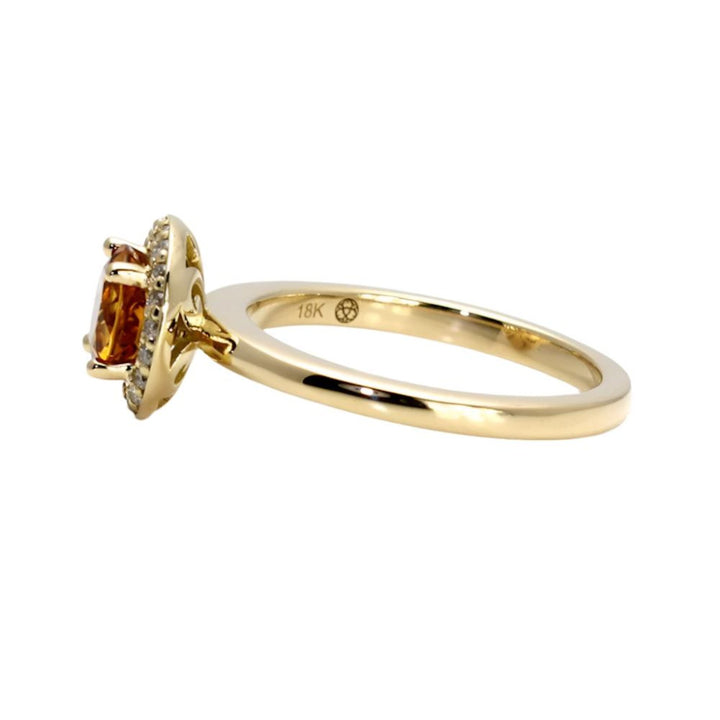 Side view of Citrine Diamond Halo Ring in classic plain shank in yellow gold