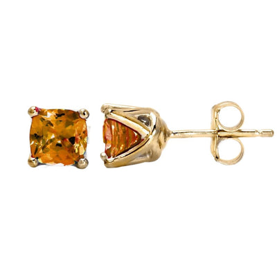 A pair of Citrine stud earrings with square cushion cut natural Citrine in 14K Gold woven prong settings.  November birthstone earrings.
