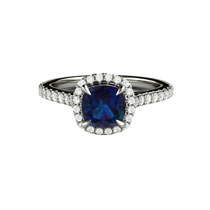Alexandrite Engagement Ring | Cushion Cut Color Changing Gemstone with Diamond Halo in Gold or Platinum